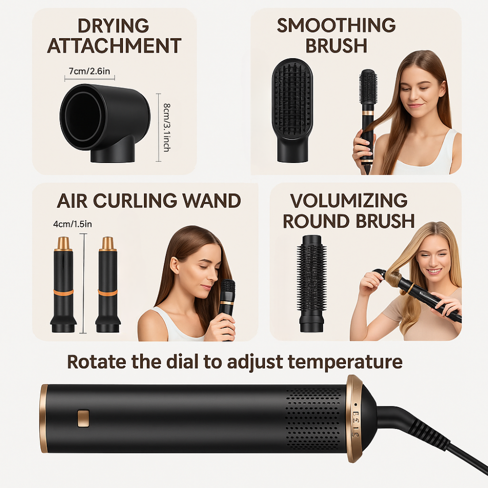 Professional 5-in-1 High-Speed Hot Air Brush for Hair Drying & Styling