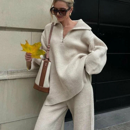 Soft Touch Knit 2-Piece Lounge Set – Zip Cardigan & Wide Pants