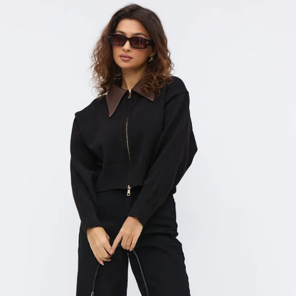 Velura™ Leather-Collar Knit Cardigan