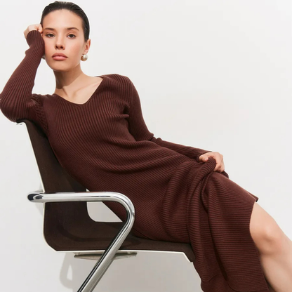 Soft Knit V-Neck Midi Dress – Effortless Elegance for Every Season