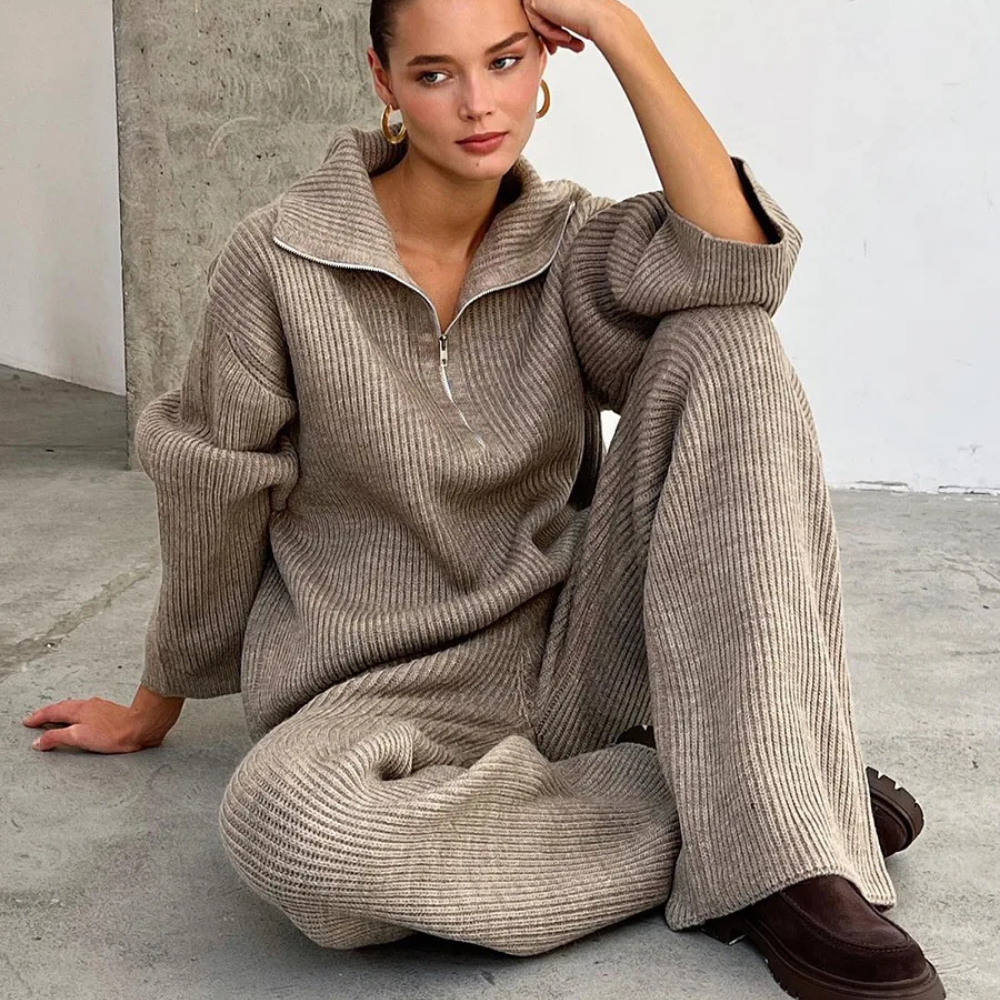 Soft Touch Knit 2-Piece Lounge Set – Zip Cardigan & Wide Pants