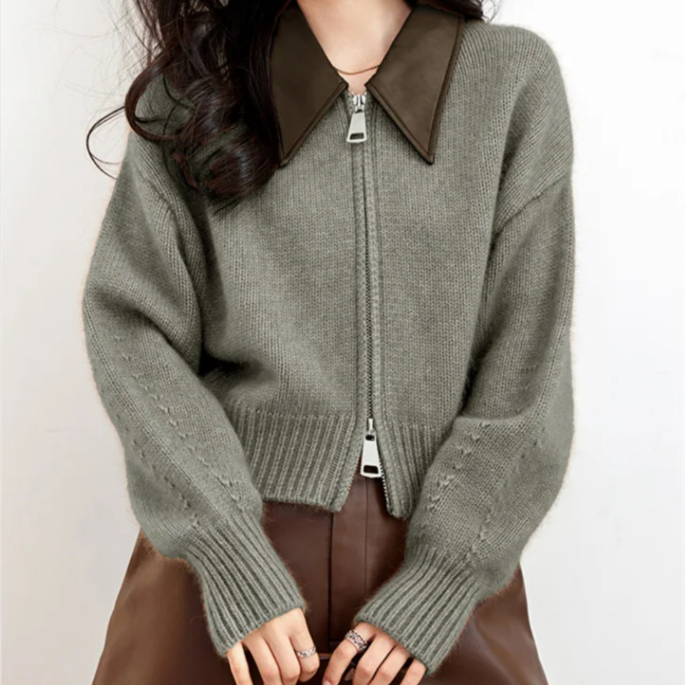 Velura™ Leather-Collar Knit Cardigan