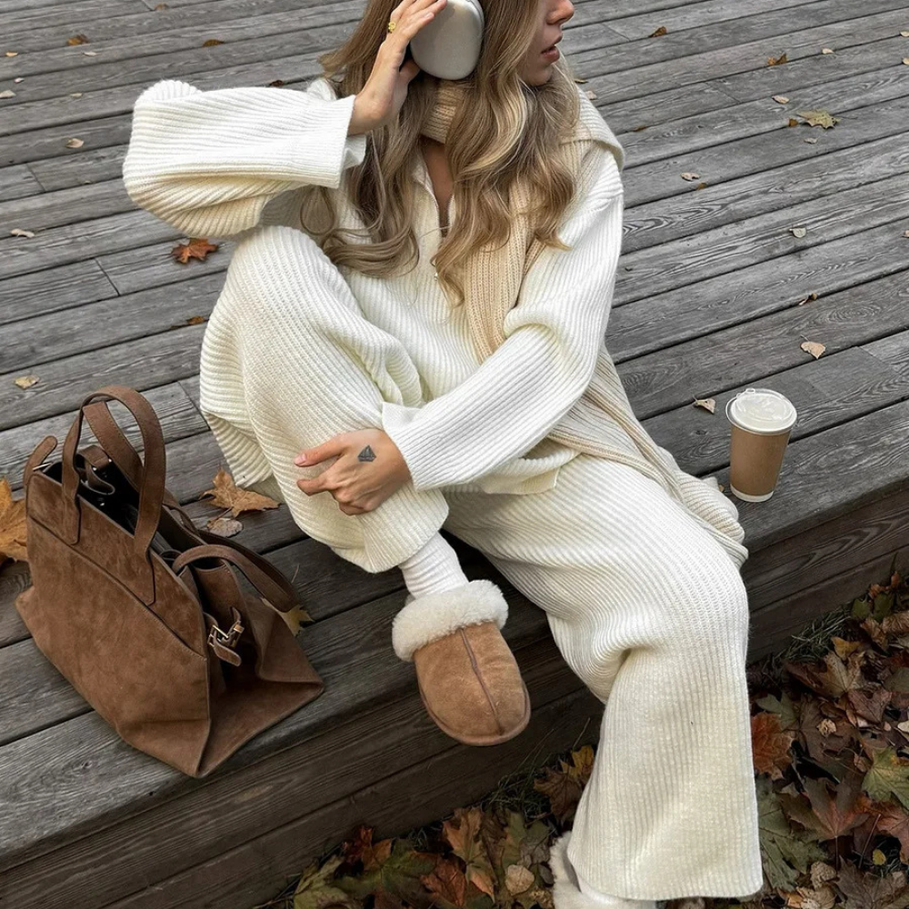 Soft Touch Knit 2-Piece Lounge Set – Zip Cardigan & Wide Pants