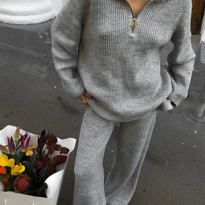 Soft Touch Knit 2-Piece Lounge Set – Zip Cardigan & Wide Pants