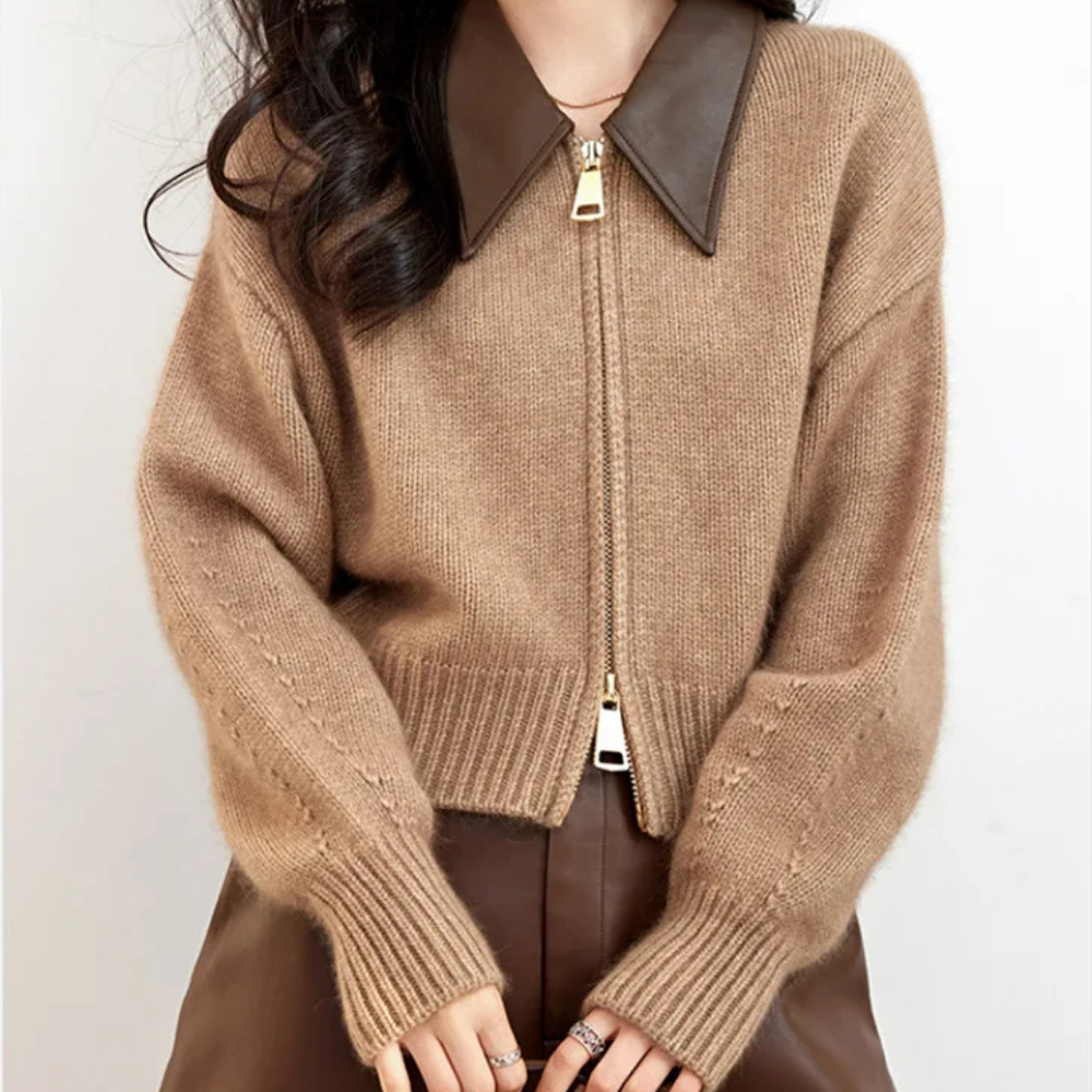 Velura™ Leather-Collar Knit Cardigan