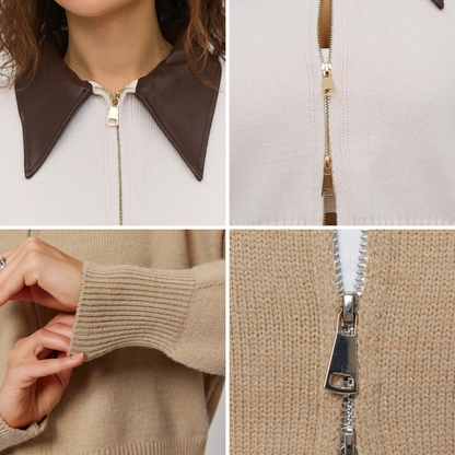 Velura™ Leather-Collar Knit Cardigan