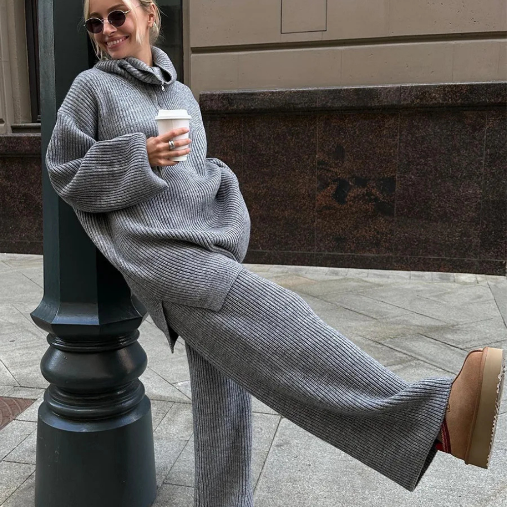 Soft Touch Knit 2-Piece Lounge Set – Zip Cardigan & Wide Pants