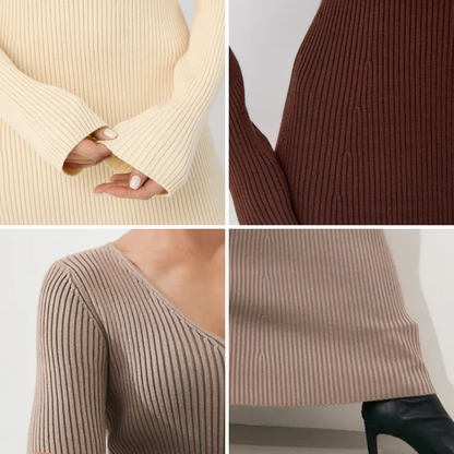 Soft Knit V-Neck Midi Dress – Effortless Elegance for Every Season