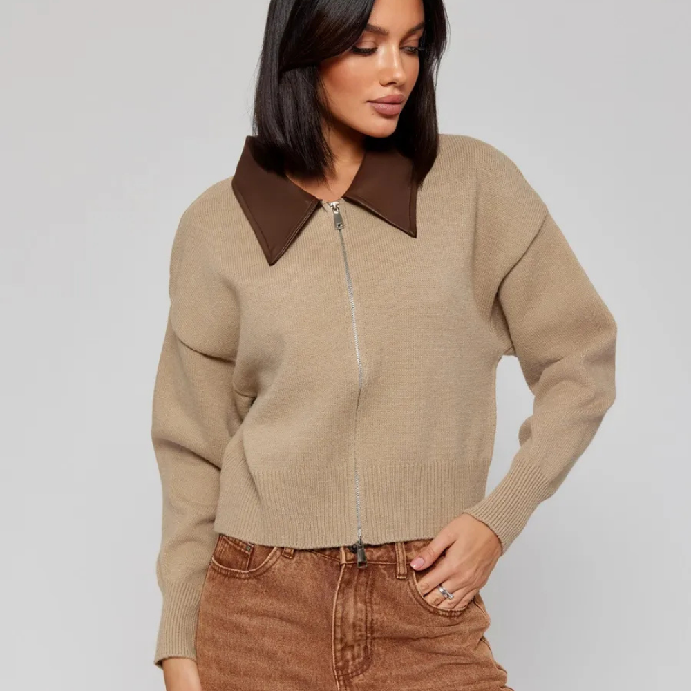 Velura™ Leather-Collar Knit Cardigan