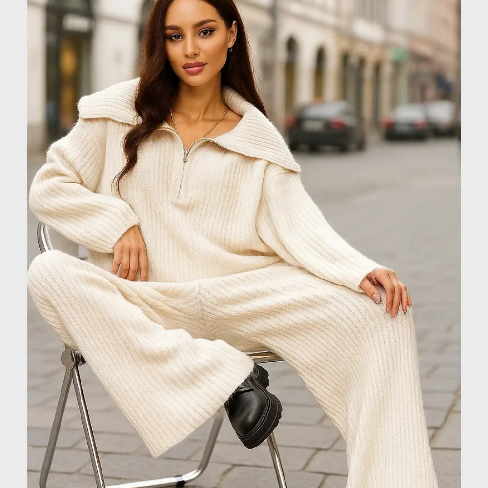 Soft Touch Knit 2-Piece Lounge Set – Zip Cardigan & Wide Pants