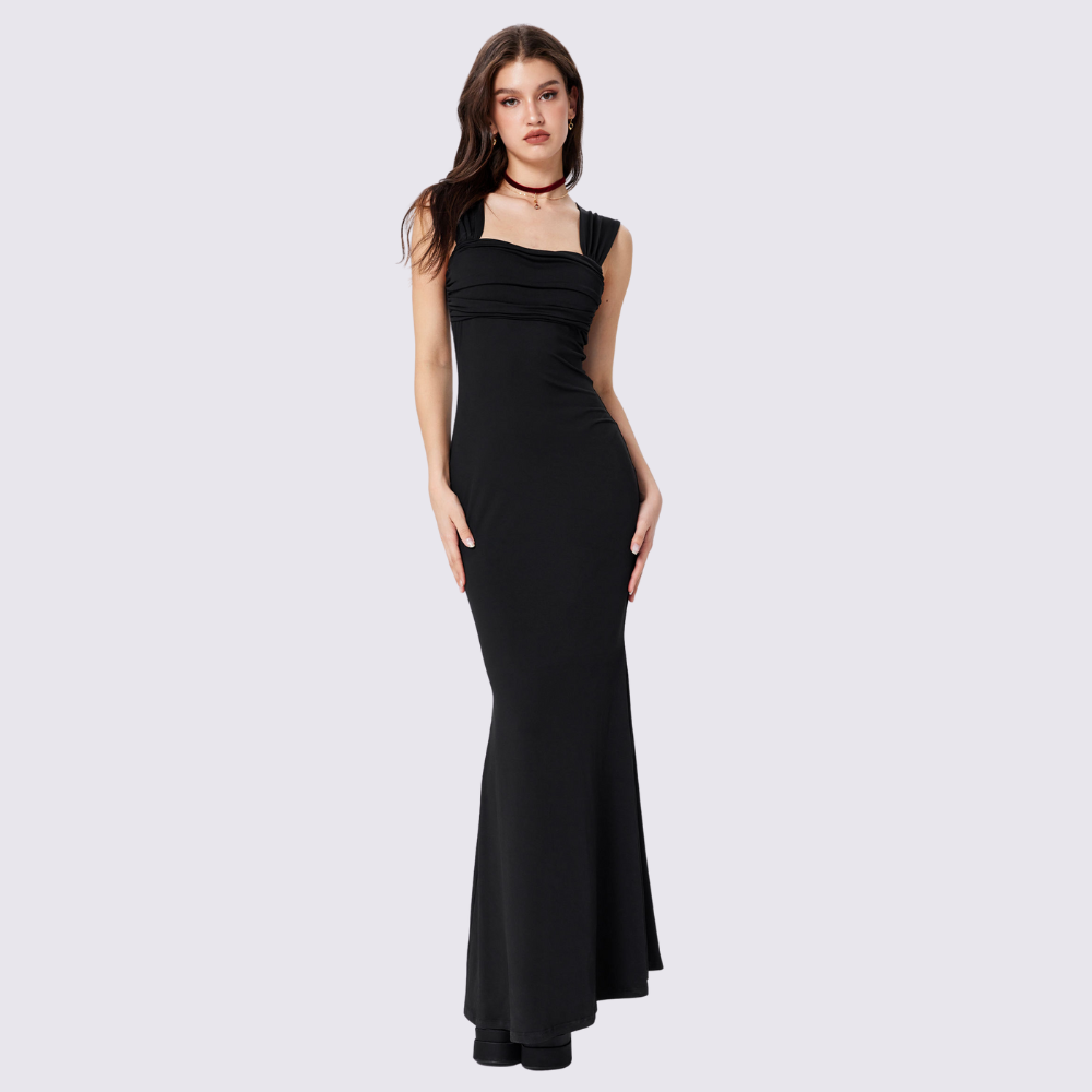 Elegant Solid Ruched Maxi Dress