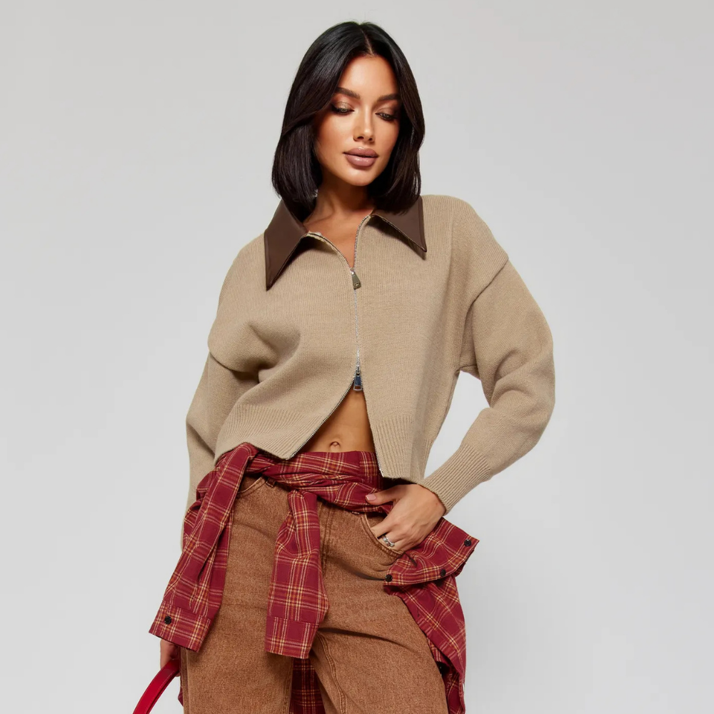 Velura™ Leather-Collar Knit Cardigan