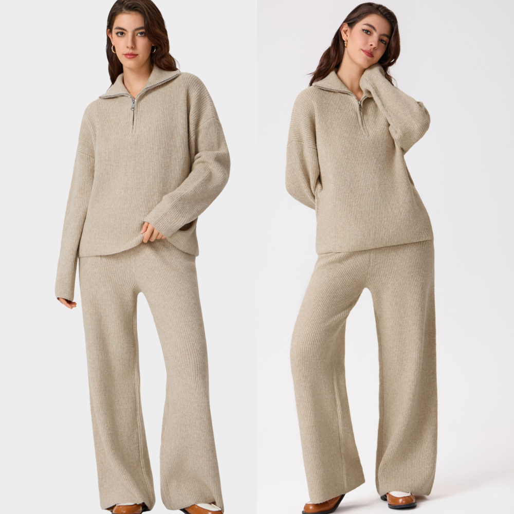 Soft Touch Knit 2-Piece Lounge Set – Zip Cardigan & Wide Pants