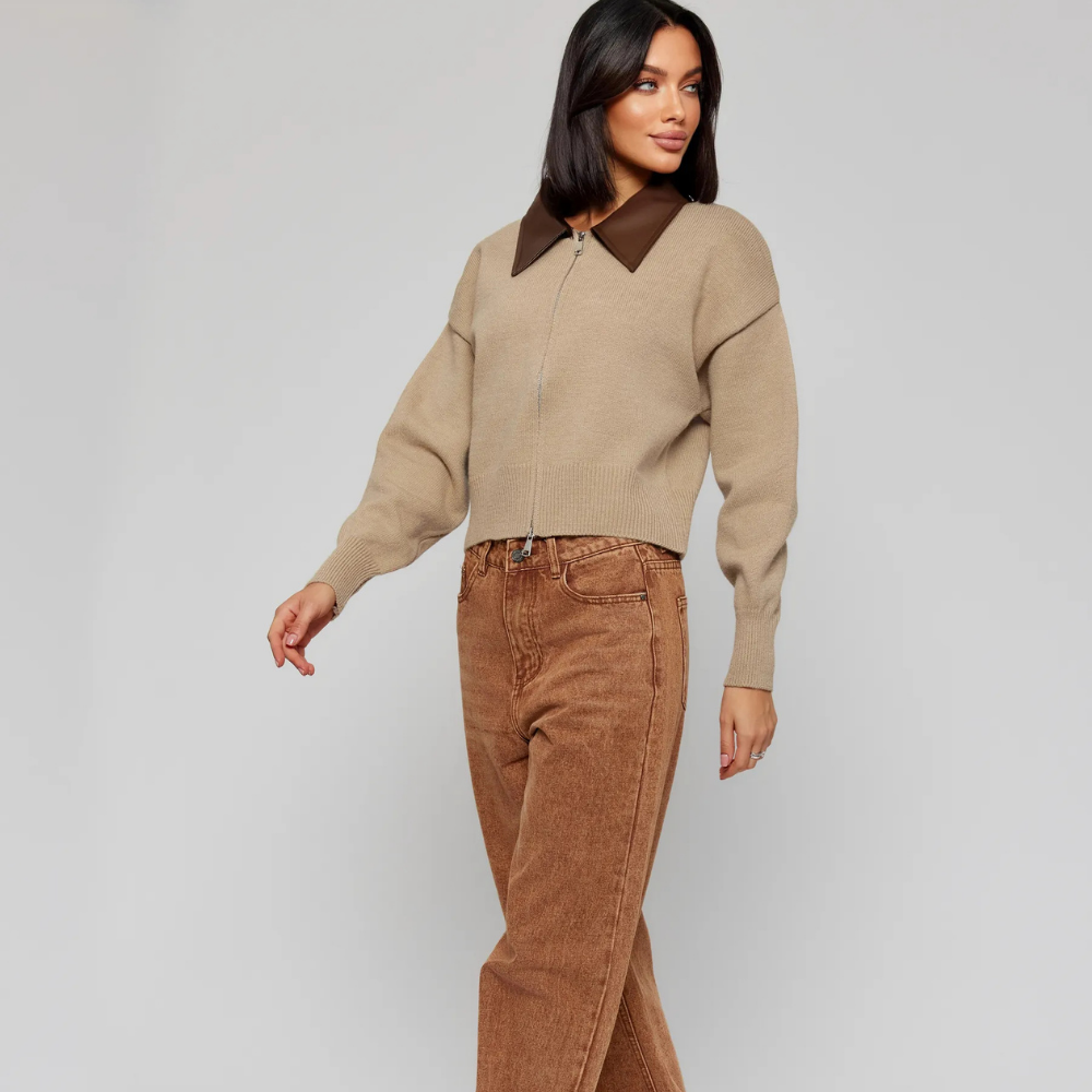 Velura™ Leather-Collar Knit Cardigan