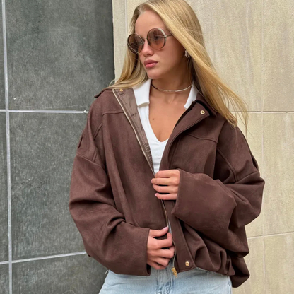 Suede Casual Bomber Jacket – Soft & Chic