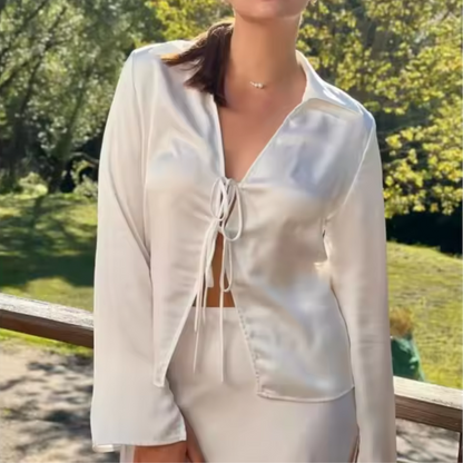 Chic Satin Tie-Front Blouse – Effortless Elegance for Any Occasion