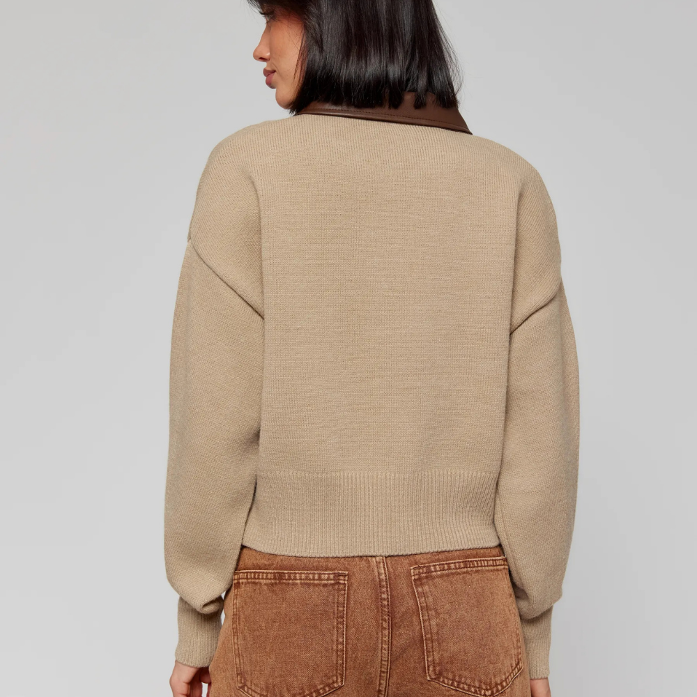 Velura™ Leather-Collar Knit Cardigan