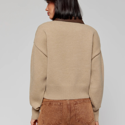 Velura™ Leather-Collar Knit Cardigan