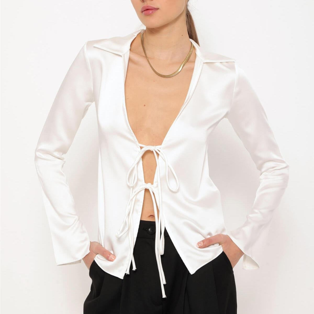 Chic Satin Tie-Front Blouse – Effortless Elegance for Any Occasion