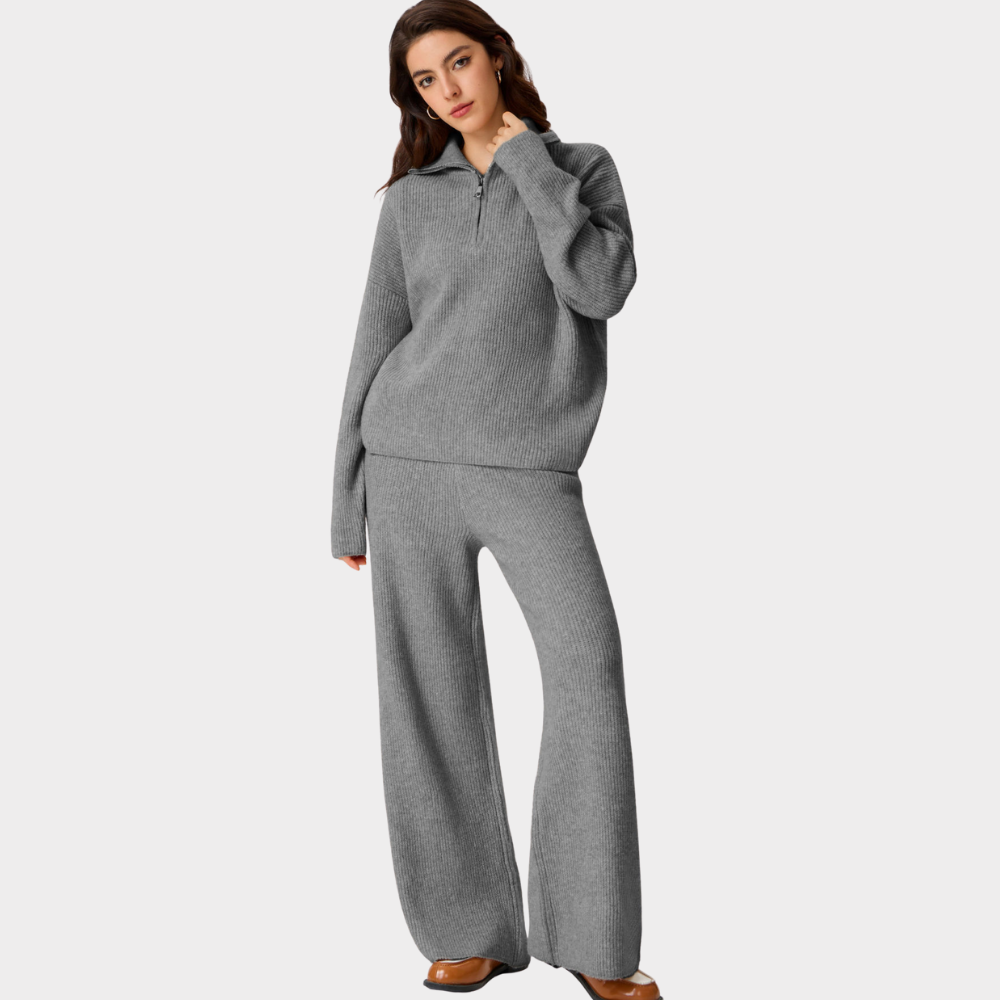 Soft Touch Knit 2-Piece Lounge Set – Zip Cardigan & Wide Pants