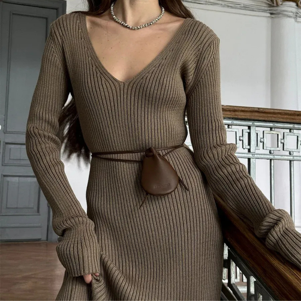 Soft Knit V-Neck Midi Dress – Effortless Elegance for Every Season