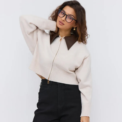 Velura™ Leather-Collar Knit Cardigan