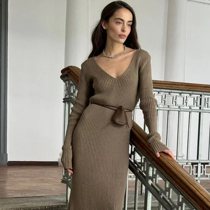 Soft Knit V-Neck Midi Dress – Effortless Elegance for Every Season