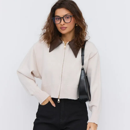 Velura™ Leather-Collar Knit Cardigan