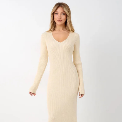 Soft Knit V-Neck Midi Dress – Effortless Elegance for Every Season