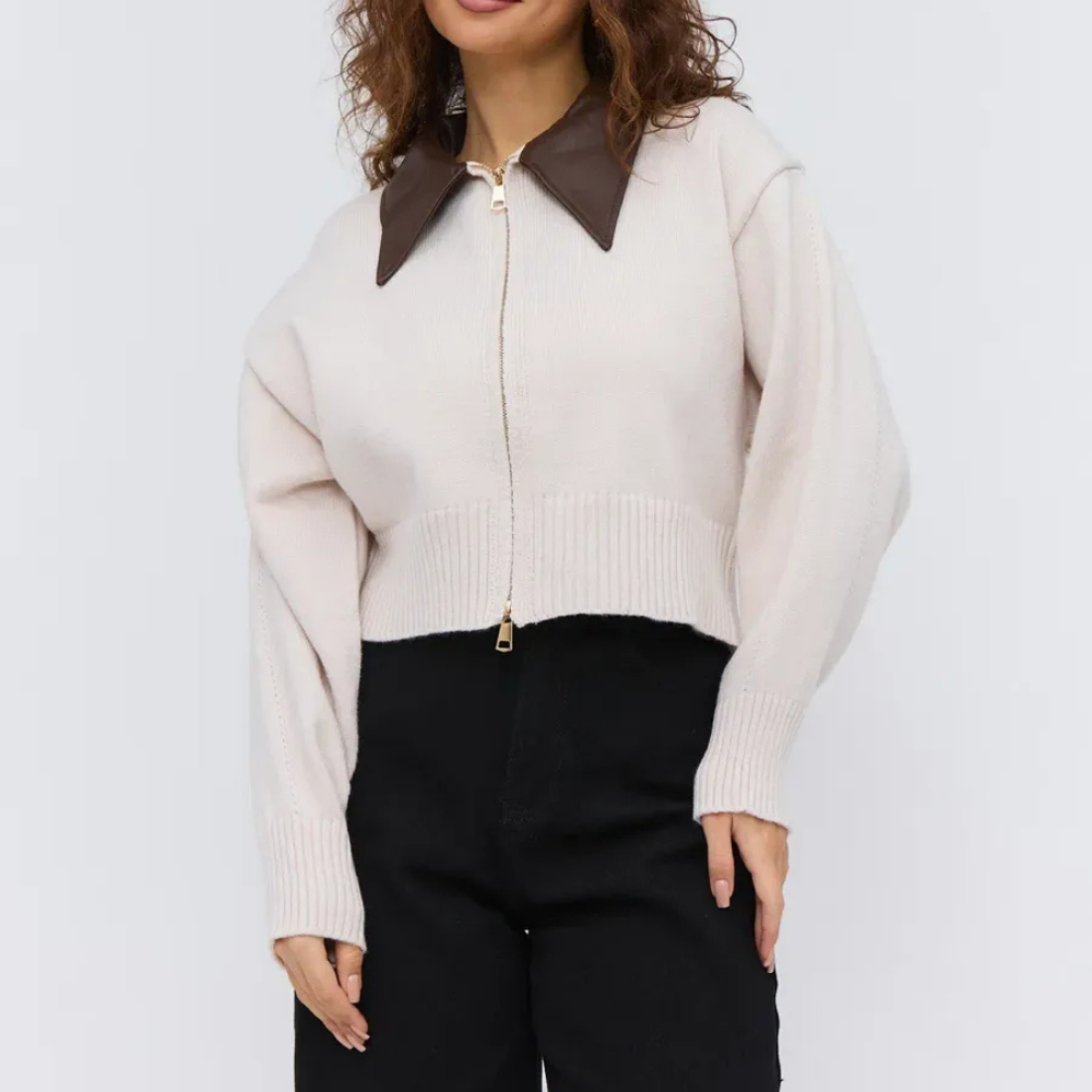 Velura™ Leather-Collar Knit Cardigan