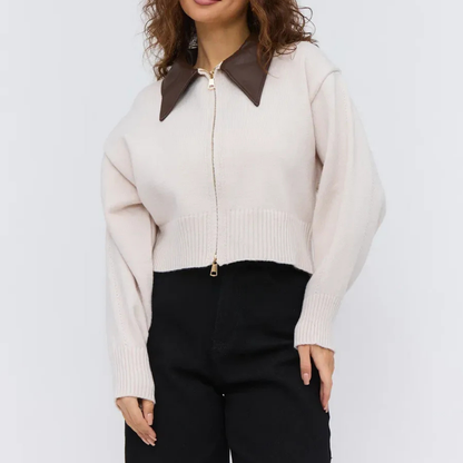 Velura™ Leather-Collar Knit Cardigan