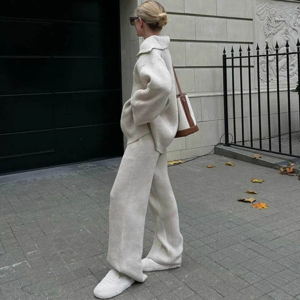 Soft Touch Knit 2-Piece Lounge Set – Zip Cardigan & Wide Pants