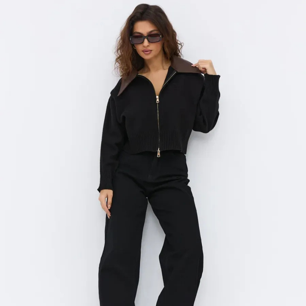 Velura™ Leather-Collar Knit Cardigan