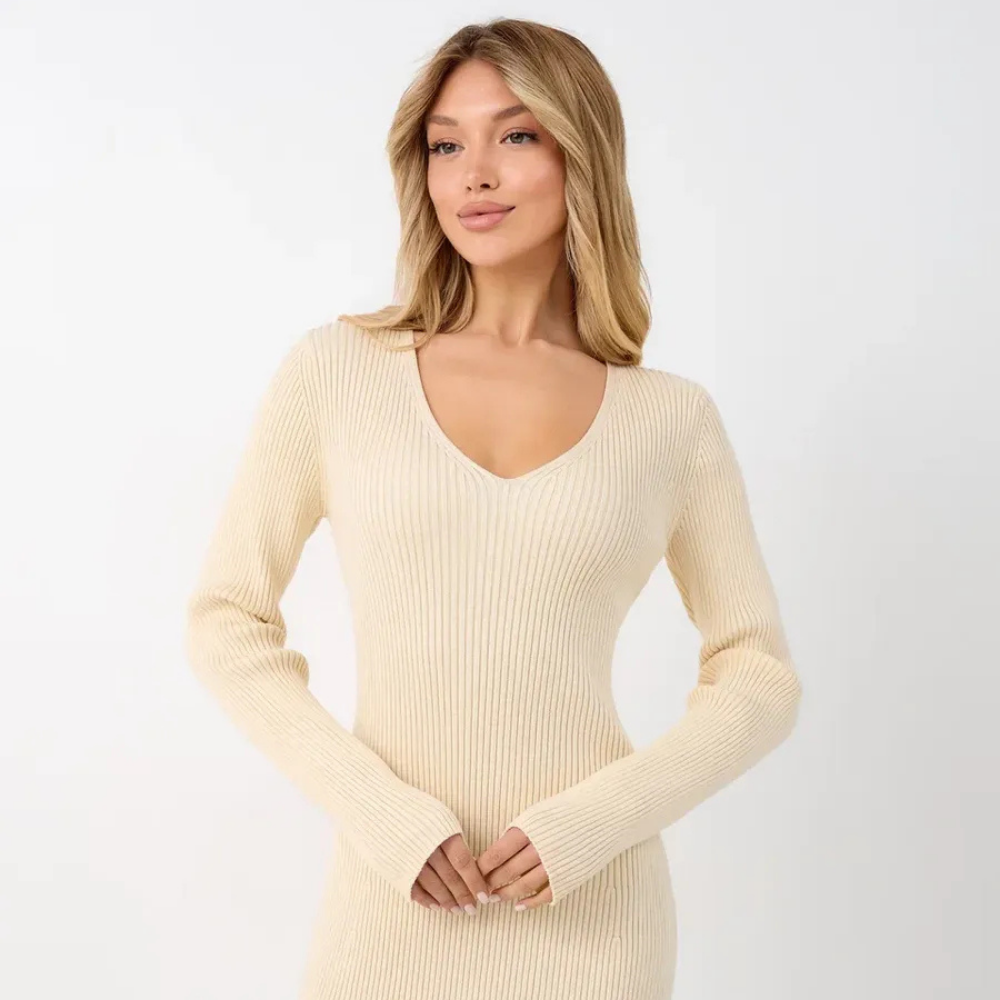 Soft Knit V-Neck Midi Dress – Effortless Elegance for Every Season