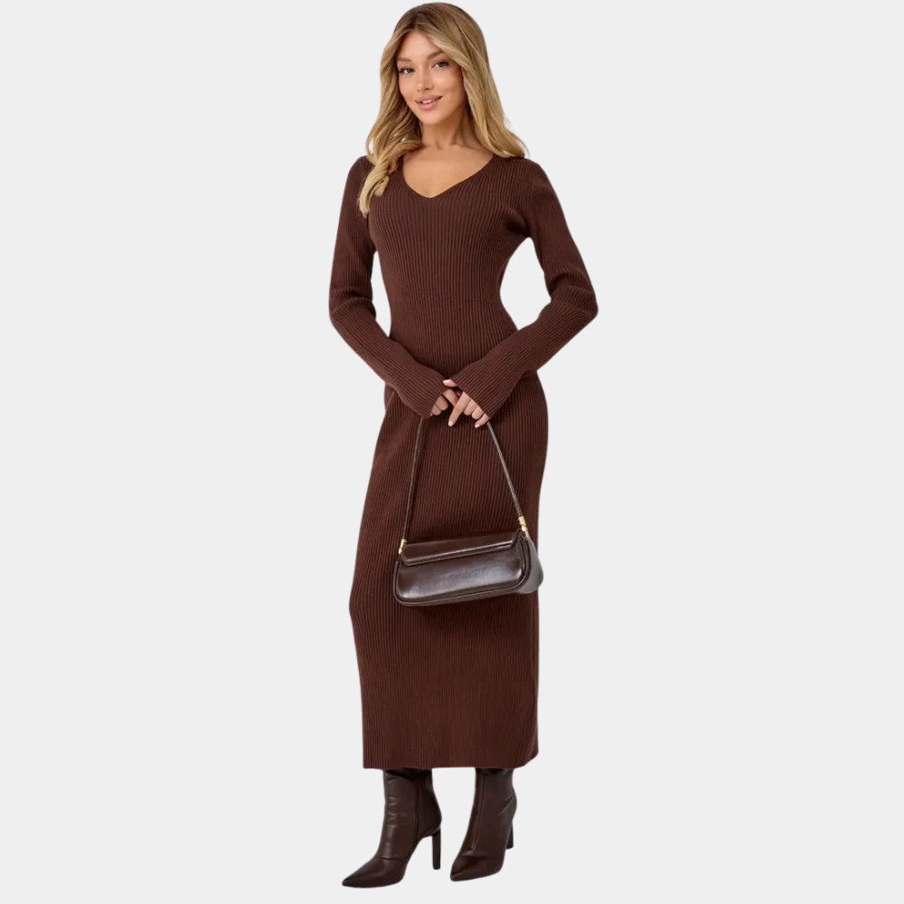 Soft Knit V-Neck Midi Dress – Effortless Elegance for Every Season