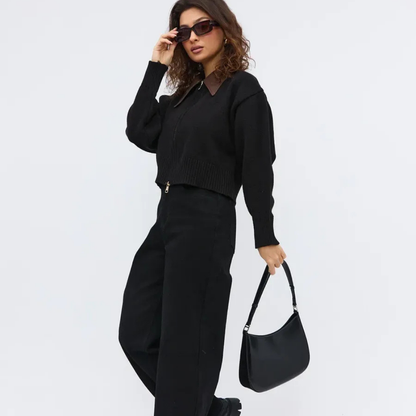 Velura™ Leather-Collar Knit Cardigan