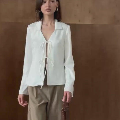 Chic Satin Tie-Front Blouse – Effortless Elegance for Any Occasion