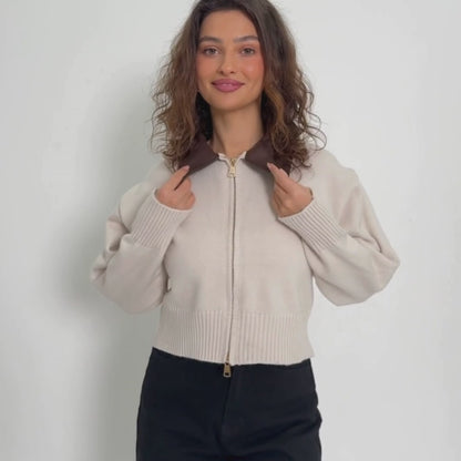 Velura™ Leather-Collar Knit Cardigan