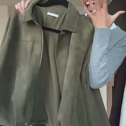 Suede Casual Bomber Jacket – Soft & Chic