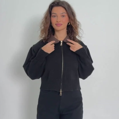 Velura™ Leather-Collar Knit Cardigan